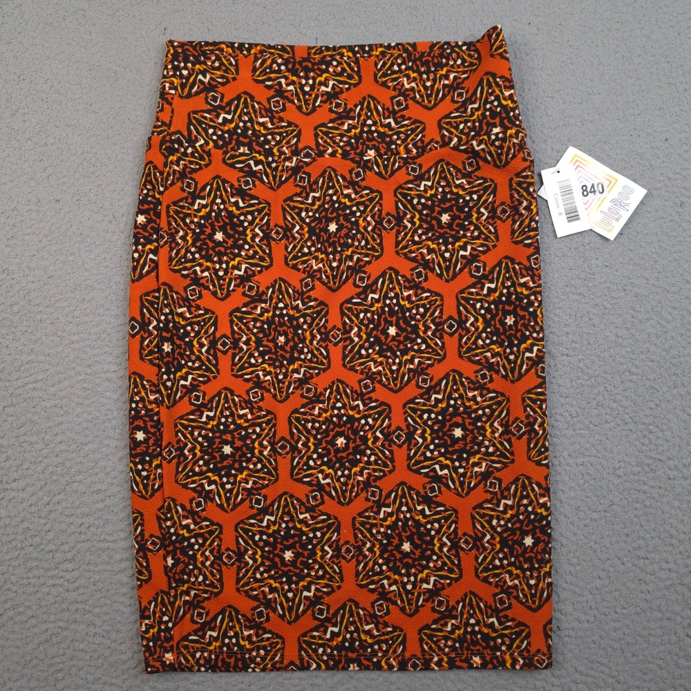 LuLaRoe Cassie Pencil Skirt Small Orange Black Geometric Starburst Stretch NWT‎